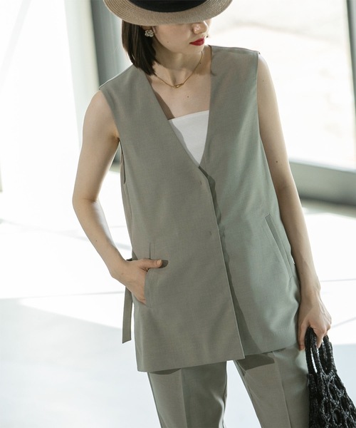 ◆セットアップ対応 Vネックジレ ストレッチリネンライク【洗濯機洗い可/UVケア】