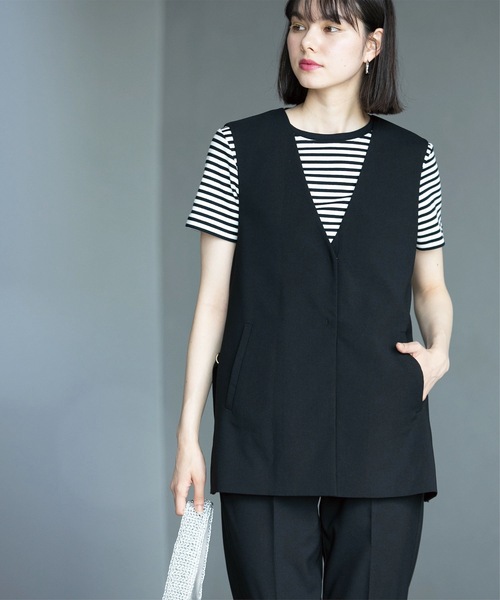 OPAQUE.CLIP（オペークドットクリップ）の「◆セットアップ対応 Vネックジレ ストレッチリネンライク【洗濯機洗い可/UVケア】（ベスト・レディース・ブラック/グレー・38/40/42）」の2枚目の写真