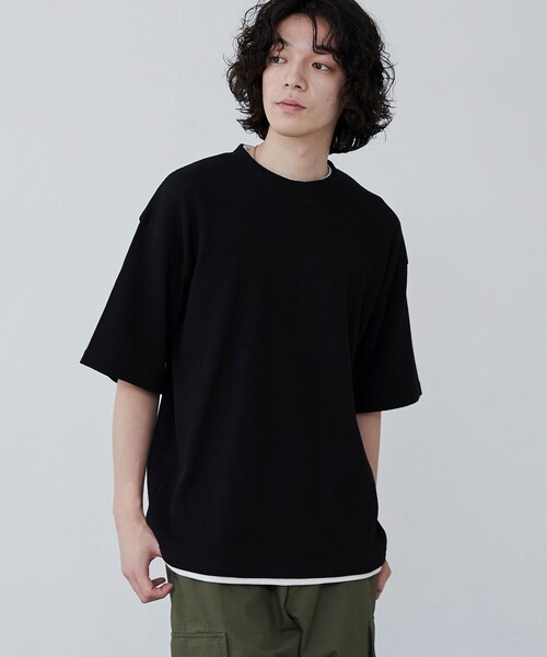 coen（コーエン）の「ワッフルフェイクレイヤードTシャツ（Tシャツ/カットソー・メンズ・ブラック/オリーブ/ライトグレー/ネイビー・S/M/L/XL）」の2枚目の写真