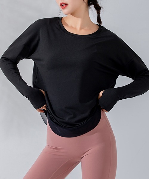 レディース 長袖サムホール付きメッシュヘムヨガトップス ピラティス