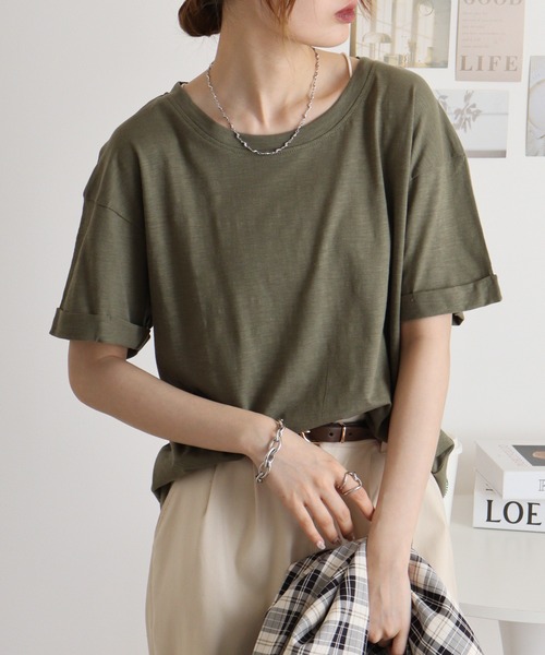 atONE(アットワン)の「オーバーサイズUネックTee(Tシャツ/カットソー・レディース・ネイビー/ブラック/ベージュ/カーキ/オフホワイト/ブルー系その他2/パープル系その他2/ピンク系その他3/ピンク系その他4/ブルー系その他/パープル系その他/モカ・L/M)」の7枚目の写真