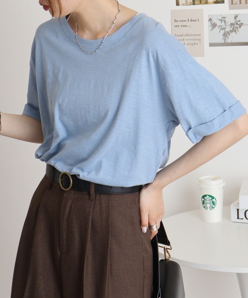 atONE(アットワン)の「オーバーサイズUネックTee(Tシャツ/カットソー・レディース・ネイビー/ブラック/ベージュ/カーキ/オフホワイト/ブルー系その他2/パープル系その他2/ピンク系その他3/ピンク系その他4/ブルー系その他/パープル系その他/モカ・L/M)」の18枚目の写真