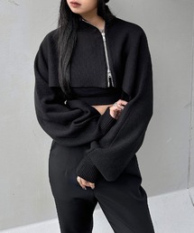 LVEU. | 【LVEU.】アシンメトリージップハイネックレイヤードニット / トップス ニット ダブルジップ 長袖 レイヤード ハイネック カットアウト クロップド ショート モノトーン モード ブラック チャコール(ニット/セーター)