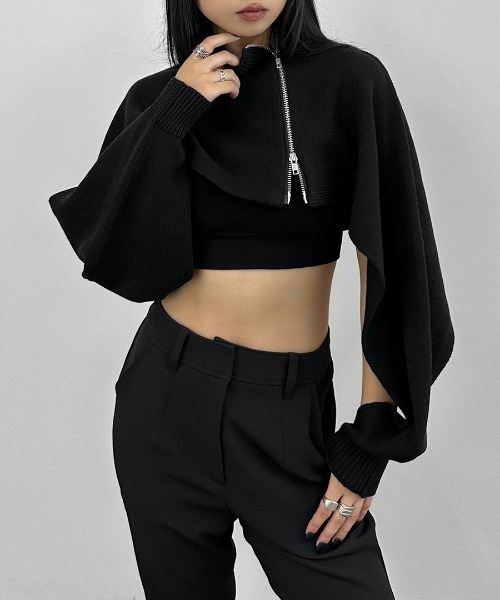 LVEU.（ラブユ.）の「【LVEU.】アシンメトリージップハイネックレイヤードニット / トップス ニット ダブルジップ 長袖 レイヤード ハイネック カットアウト クロップド ショート モノトーン モード ブラック チャコール（ニット/セーター・レディース・ブラック/チャコールグレー・FREE）」の4枚目の写真