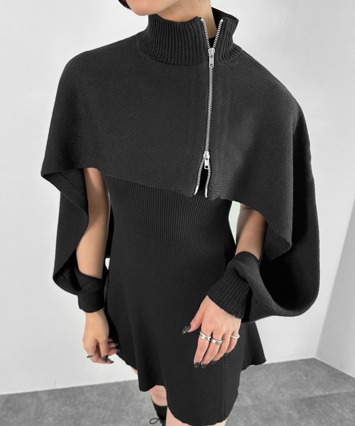 セール】【LVEU.】アシンメトリージップハイネックレイヤードニット
