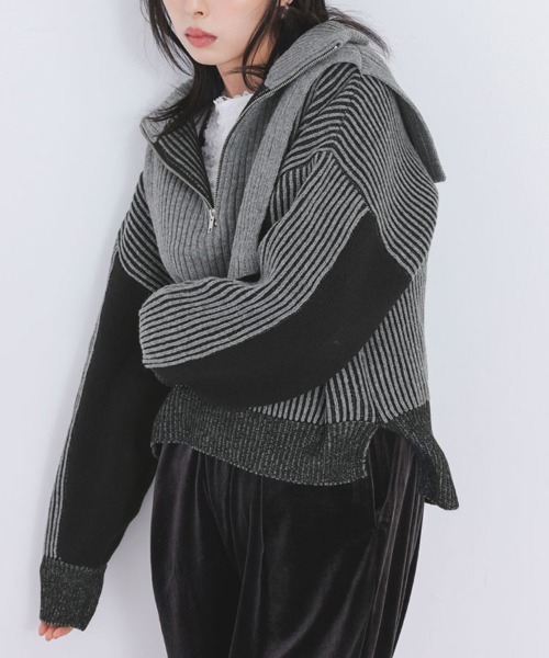 DONOBAN（ドノバン）の「バイカラーハーフジップニット（ニット/セーター・レディース・ブルー/ブラック/グリーン/レッド/ミント・ONE）」の9枚目の写真