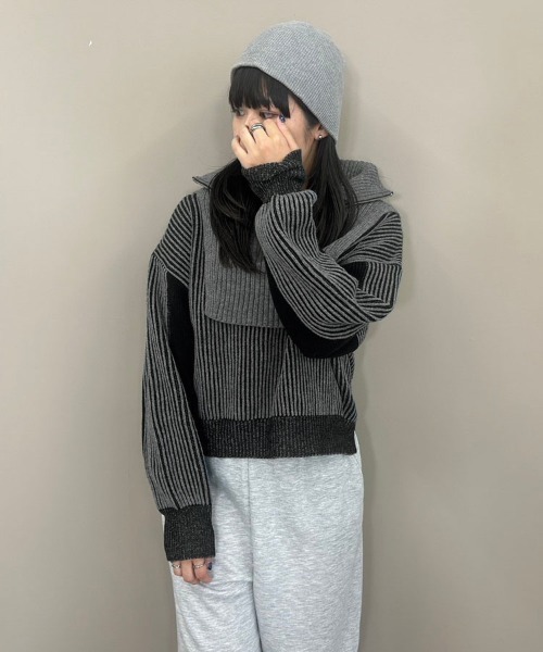 DONOBAN（ドノバン）の「バイカラーハーフジップニット（ニット/セーター・レディース・ブルー/ブラック/グリーン/レッド/ミント・ONE）」の12枚目の写真