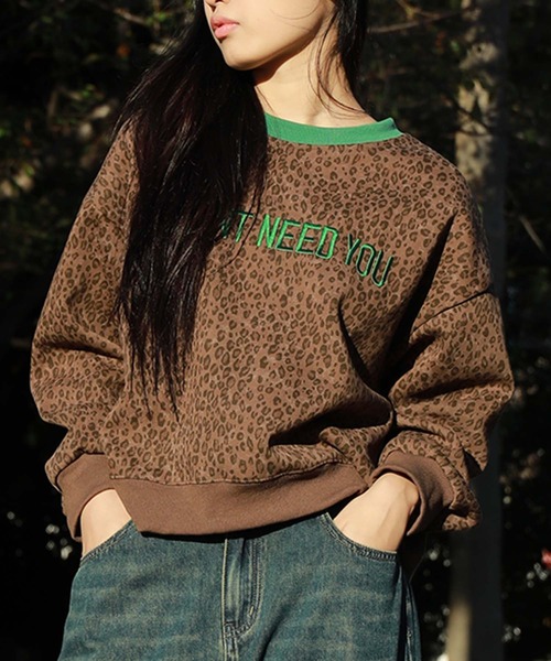 HOOK(フック)の「【HOOK】for girls フロントプリントレオパード総柄リンガースウェット(スウェット・レディース・カーキ/ダークグレー/ベージュ/ダークベージュ・FREE)」の3枚目の写真