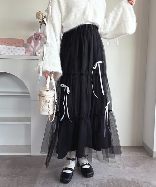 apres jour（アプレジュール）の「チュールリボンスカート【ZOZOTOWN限定アイテム】（スカート・レディース・ブラック/サックスブルー/アイボリー/ピンクベージュ・X-LARGE/フリー）」の4枚目の写真