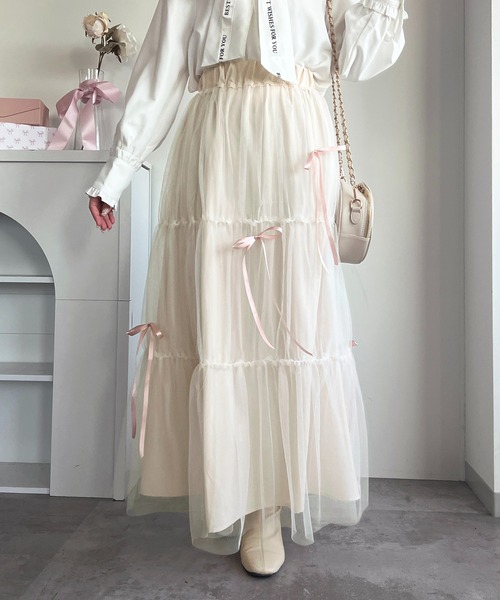 apres jour（アプレジュール）の「チュールリボンスカート【ZOZOTOWN限定アイテム】（スカート・レディース・ブラック/サックスブルー/アイボリー/ピンクベージュ・X-LARGE/フリー）」の6枚目の写真