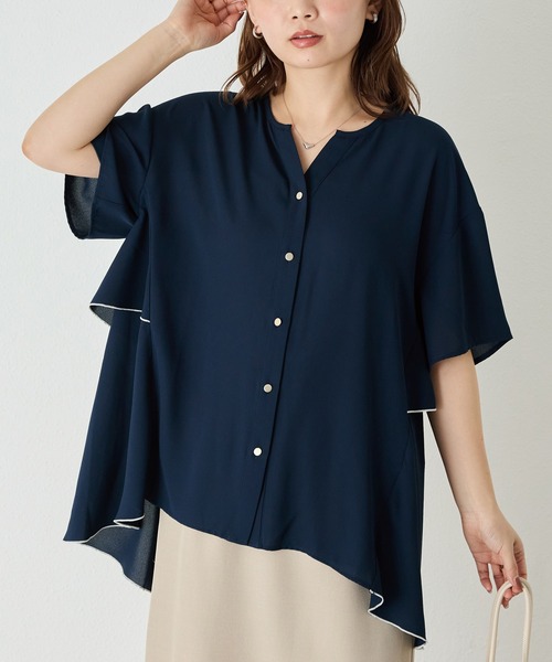 LAVEANGE(ラビアンジェ)の「【洗える】ジョーゼットフレアブラウス│上品見えブラウス/大人フェミニン/半袖/フリル/バイカラー/Aライン/オフィスカジュアル/きれいめ/オンオフ兼用(シャツ/ブラウス・レディース・ホワイト/ネイビー/ブラック・M/LL/3L/4L/5L)」の15枚目の写真
