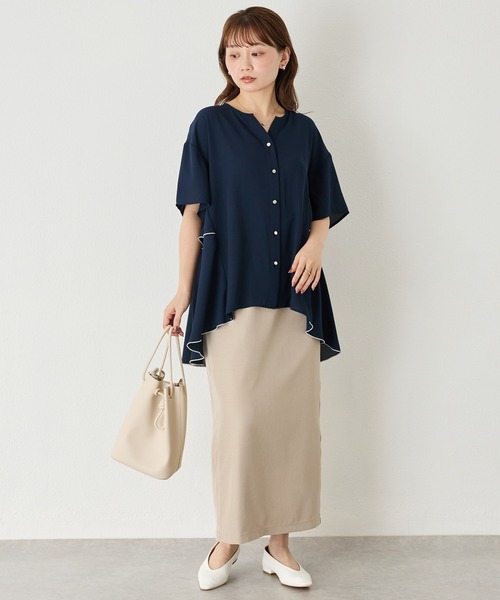 LAVEANGE(ラビアンジェ)の「【洗える】ジョーゼットフレアブラウス│上品見えブラウス/大人フェミニン/半袖/フリル/バイカラー/Aライン/オフィスカジュアル/きれいめ/オンオフ兼用(シャツ/ブラウス・レディース・ホワイト/ネイビー/ブラック・M/LL/3L/4L/5L)」の20枚目の写真