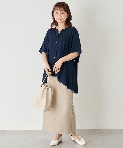LAVEANGE(ラビアンジェ)の「【洗える】ジョーゼットフレアブラウス│上品見えブラウス/大人フェミニン/半袖/フリル/バイカラー/Aライン/オフィスカジュアル/きれいめ/オンオフ兼用(シャツ/ブラウス・レディース・ホワイト/ネイビー/ブラック・M/LL/3L/4L/5L)」の21枚目の写真