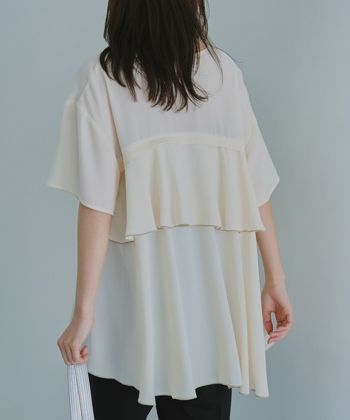 LAVEANGE(ラビアンジェ)の「【洗える】ジョーゼットフレアブラウス│上品見えブラウス/大人フェミニン/半袖/フリル/バイカラー/Aライン/オフィスカジュアル/きれいめ/オンオフ兼用(シャツ/ブラウス・レディース・ホワイト/ネイビー/ブラック・M/LL/3L/4L/5L)」の8枚目の写真