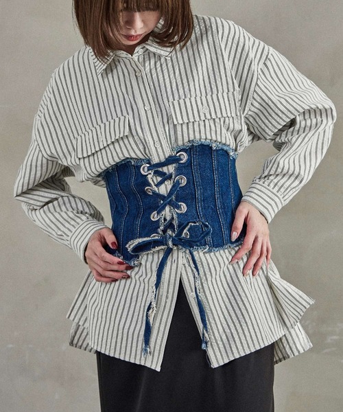 Fashion Letter(ファッションレター)の「オーバーサイズ ストライプポケットシャツ(シャツ/ブラウス・レディース・チャコール/アイボリー/ブルー・M)」の3枚目の写真