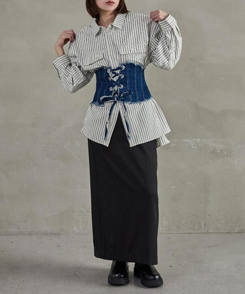 Fashion Letter(ファッションレター)の「オーバーサイズ ストライプポケットシャツ(シャツ/ブラウス・レディース・チャコール/アイボリー/ブルー・M)」の5枚目の写真