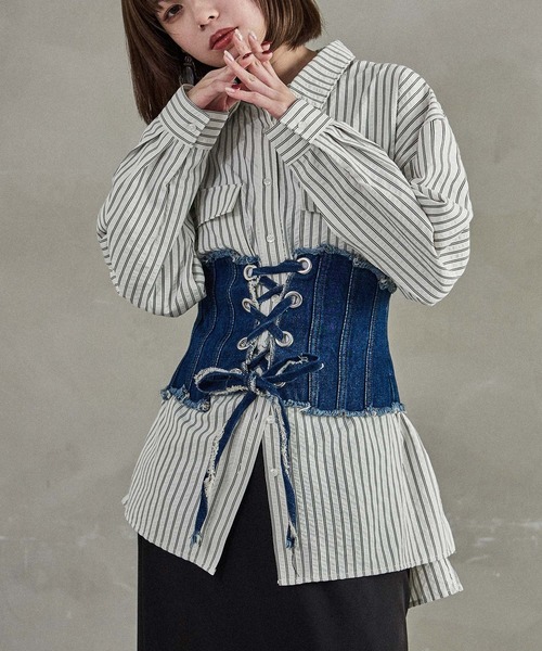 Fashion Letter(ファッションレター)の「オーバーサイズ ストライプポケットシャツ(シャツ/ブラウス・レディース・チャコール/アイボリー/ブルー・M)」の6枚目の写真