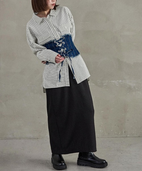 Fashion Letter(ファッションレター)の「オーバーサイズ ストライプポケットシャツ(シャツ/ブラウス・レディース・チャコール/アイボリー/ブルー・M)」の7枚目の写真