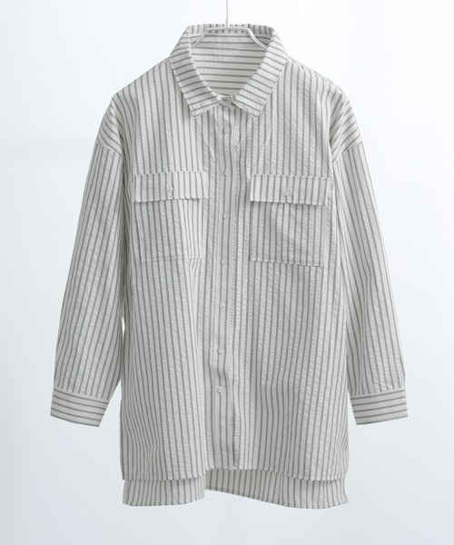 Fashion Letter(ファッションレター)の「オーバーサイズ ストライプポケットシャツ(シャツ/ブラウス・レディース・チャコール/アイボリー/ブルー・M)」の14枚目の写真