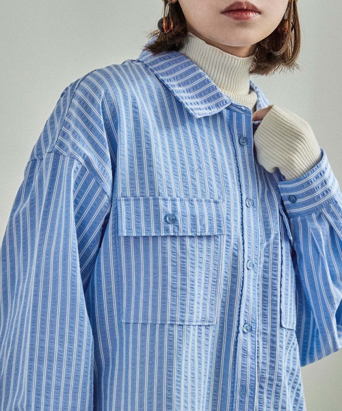 Fashion Letter(ファッションレター)の「オーバーサイズ ストライプポケットシャツ(シャツ/ブラウス・レディース・チャコール/アイボリー/ブルー・M)」の15枚目の写真