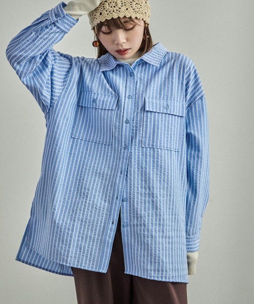 Fashion Letter(ファッションレター)の「オーバーサイズ ストライプポケットシャツ(シャツ/ブラウス・レディース・チャコール/アイボリー/ブルー・M)」の16枚目の写真