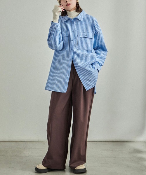 Fashion Letter(ファッションレター)の「オーバーサイズ ストライプポケットシャツ(シャツ/ブラウス・レディース・チャコール/アイボリー/ブルー・M)」の17枚目の写真