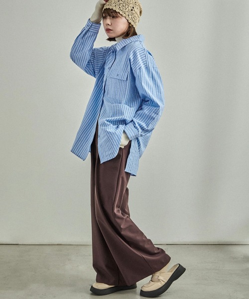Fashion Letter(ファッションレター)の「オーバーサイズ ストライプポケットシャツ(シャツ/ブラウス・レディース・チャコール/アイボリー/ブルー・M)」の19枚目の写真