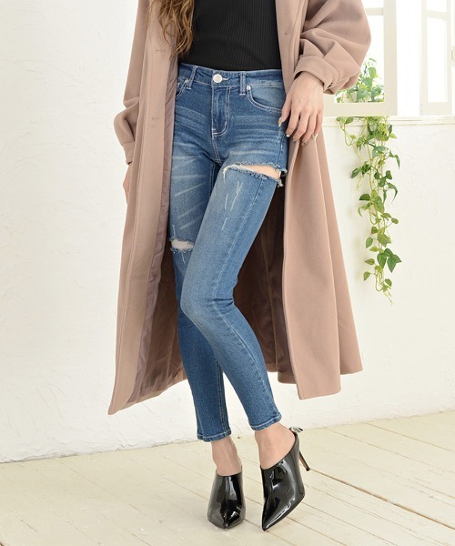 REMUR(レミュール)の「サイドスリットスキニーパンツ(デニムパンツ・レディース・ブルー/サックスブルー/ブラック/ネイビー・XS/S/M/L)」の4枚目の写真