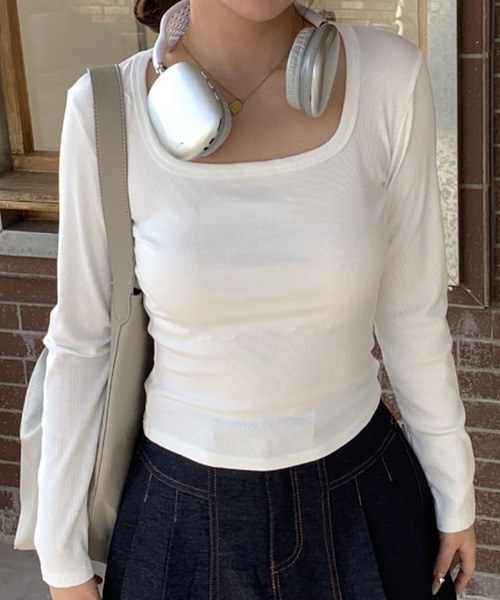 FINEnough（ファインナフ）の「スクエアネックTシャツ/選べる袖2タイプ　テレコトップス（Tシャツ/カットソー・レディース・ベージュ/ホワイト/ブラック/グレー・FREE/M-Short/L-Short）」の17枚目の写真