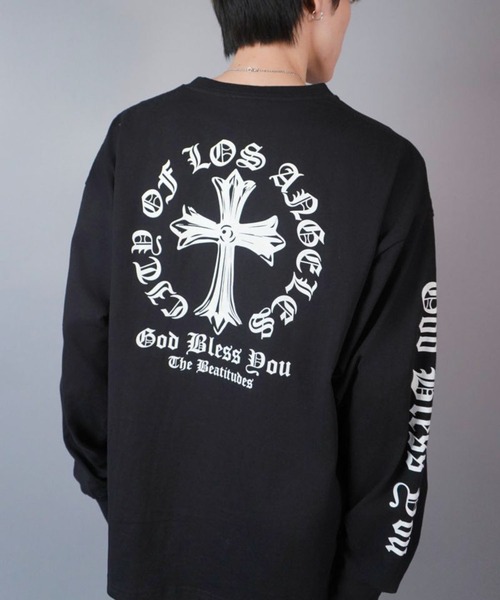 Y's 黒 長袖カットソー for men ロンT バックプリント セール】袖ロゴロンT/バックプリント/ワンポイント/クロス（T