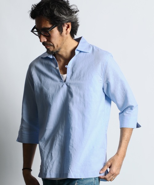 The DUFFER of ST.GEORGE（ザダファーオブセントジョージ）の「LINEN BLEND 3Q SKIPPER SHIRT：綿麻素材 7分袖 スキッパーシャツ（シャツ/ブラウス・メンズ・ライトブルー/ブラック/ブラウン/ホワイト/ネイビー・SMALL/MEDIUM/LARGE/X-LARGE）」の4枚目の写真