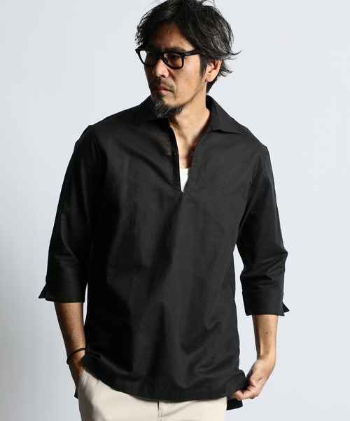 The DUFFER of ST.GEORGE（ザダファーオブセントジョージ）の「LINEN BLEND 3Q SKIPPER SHIRT：綿麻素材 7分袖 スキッパーシャツ（シャツ/ブラウス・メンズ・ライトブルー/ブラック/ブラウン/ホワイト/ネイビー・SMALL/MEDIUM/LARGE/X-LARGE）」の8枚目の写真