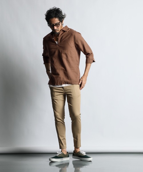 The DUFFER of ST.GEORGE（ザダファーオブセントジョージ）の「LINEN BLEND 3Q SKIPPER SHIRT：綿麻素材 7分袖 スキッパーシャツ（シャツ/ブラウス・メンズ・ライトブルー/ブラック/ブラウン/ホワイト/ネイビー・SMALL/MEDIUM/LARGE/X-LARGE）」の11枚目の写真