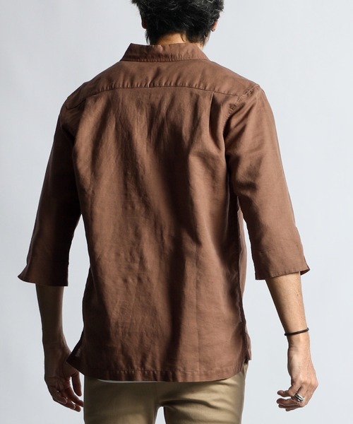 The DUFFER of ST.GEORGE（ザダファーオブセントジョージ）の「LINEN BLEND 3Q SKIPPER SHIRT：綿麻素材 7分袖 スキッパーシャツ（シャツ/ブラウス・メンズ・ライトブルー/ブラック/ブラウン/ホワイト/ネイビー・SMALL/MEDIUM/LARGE/X-LARGE）」の17枚目の写真
