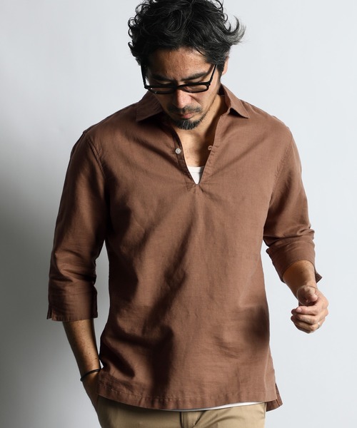 美品☆The DUFFER of ST.E 7分袖スキッパーシャツXL LINEN BLEND 3Q SKIPPER SHIRT：綿麻素材 7分袖 スキッパー