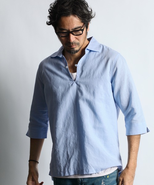 LINEN BLEND 3Q SKIPPER SHIRT：綿麻素材 7分袖 スキッパー