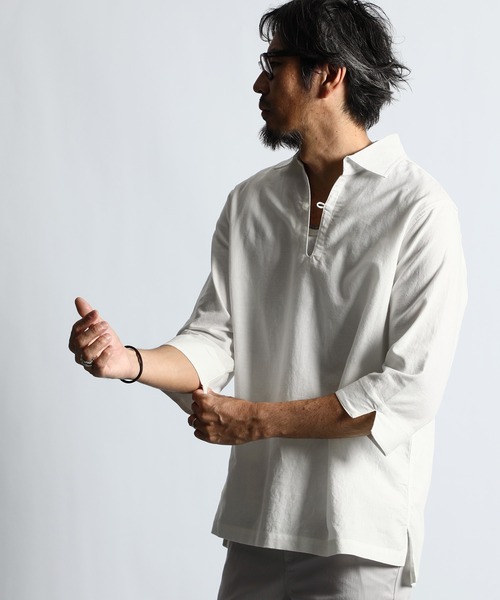 The DUFFER of ST.GEORGE（ザダファーオブセントジョージ）の「LINEN BLEND 3Q SKIPPER SHIRT：綿麻素材 7分袖 スキッパーシャツ（シャツ/ブラウス・メンズ・ライトブルー/ブラック/ブラウン/ホワイト/ネイビー・SMALL/MEDIUM/LARGE/X-LARGE）」の6枚目の写真