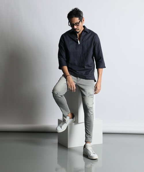 The DUFFER of ST.GEORGE（ザダファーオブセントジョージ）の「LINEN BLEND 3Q SKIPPER SHIRT：綿麻素材 7分袖 スキッパーシャツ（シャツ/ブラウス・メンズ・ライトブルー/ブラック/ブラウン/ホワイト/ネイビー・SMALL/MEDIUM/LARGE/X-LARGE）」の15枚目の写真