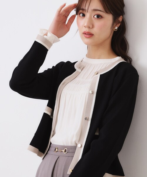 couture brooch(クチュールブローチ)の「【きれいめ・通勤・初夏まで着られる】配色ラメカーディガン(カーディガン/ボレロ・レディース・ブラック/アイボリー/ベージュ・42/36/38/40)」の1枚目の写真