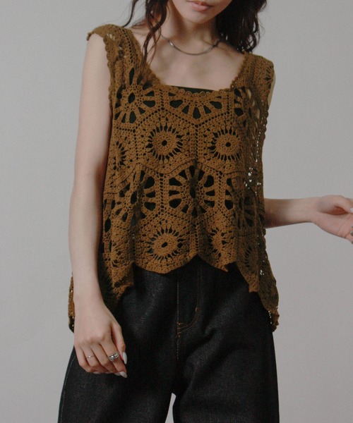 Social GIRL（ソーシャルガール）の「クロシェ編みベスト かぎ針ビスチェ（ベスト・レディース・ブラック/アイボリー/モカ・M）」の3枚目の写真