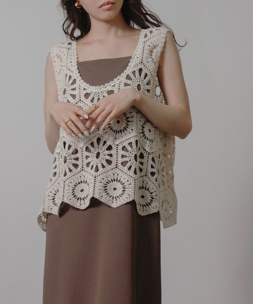 Social GIRL（ソーシャルガール）の「クロシェ編みベスト かぎ針ビスチェ（ベスト・レディース・ブラック/アイボリー/モカ・M）」の5枚目の写真