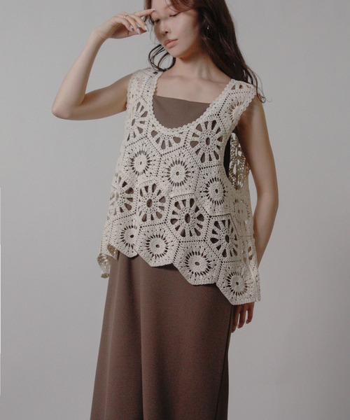 Social GIRL（ソーシャルガール）の「クロシェ編みベスト かぎ針ビスチェ（ベスト・レディース・ブラック/アイボリー/モカ・M）」の6枚目の写真
