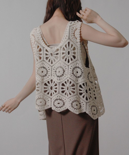 Social GIRL（ソーシャルガール）の「クロシェ編みベスト かぎ針ビスチェ（ベスト・レディース・ブラック/アイボリー/モカ・M）」の8枚目の写真