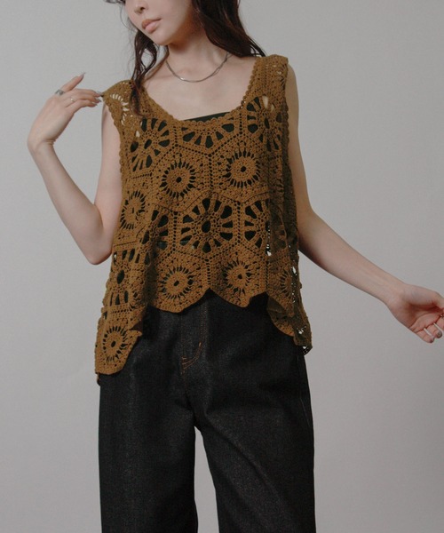 Social GIRL（ソーシャルガール）の「クロシェ編みベスト かぎ針ビスチェ（ベスト・レディース・ブラック/アイボリー/モカ・M）」の19枚目の写真