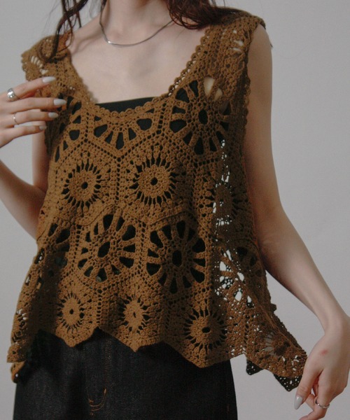 Social GIRL（ソーシャルガール）の「クロシェ編みベスト かぎ針ビスチェ（ベスト・レディース・ブラック/アイボリー/モカ・M）」の22枚目の写真