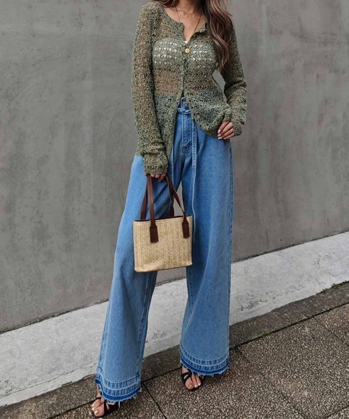 esutoreja（エストレジャ）の「スラブメッシュカーディガン（カーディガン/ボレロ・レディース・ブラック/ライム/カーキ・FREE）」の5枚目の写真