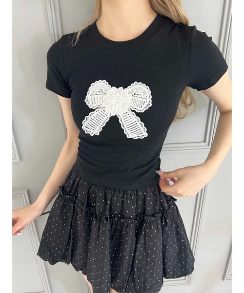 PHILLY（フィリー）の「【プチプラ￥2199★】リボンワッペンコンパクトT（Tシャツ/カットソー・レディース・グレー/ブラック・FREE）」の4枚目の写真