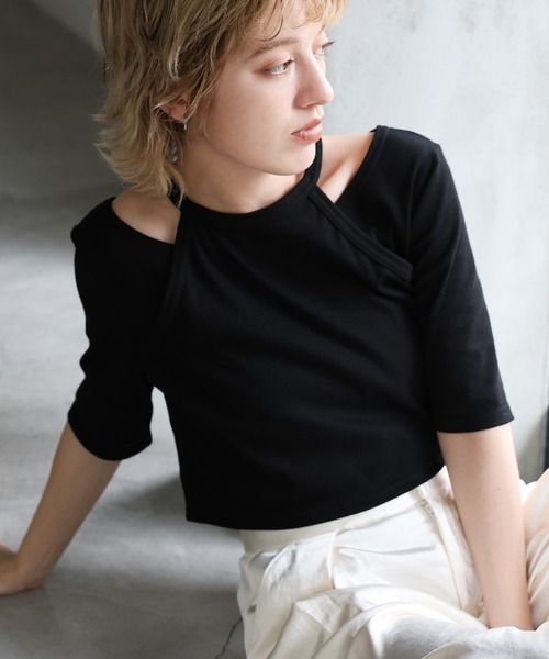 select MOCA(セレクトモカ)の「アメスリドッキングリブトップス(Tシャツ/カットソー・レディース・ブラック/グレー/オフホワイト・FREE)」の3枚目の写真