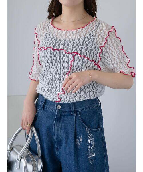 ehka sopo（エヘカソポ）の「配色メローレースカットソー（Tシャツ/カットソー・レディース・キナリ/オフホワイト/ブラック・F）」の2枚目の写真