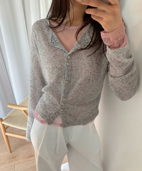 ジョンブル 23AW ニット メッシュ シアー カーディガン 長袖 グレー M MAISON SPECIAL（メゾンスペシャル） カーディガン 2way Sheer Mohair